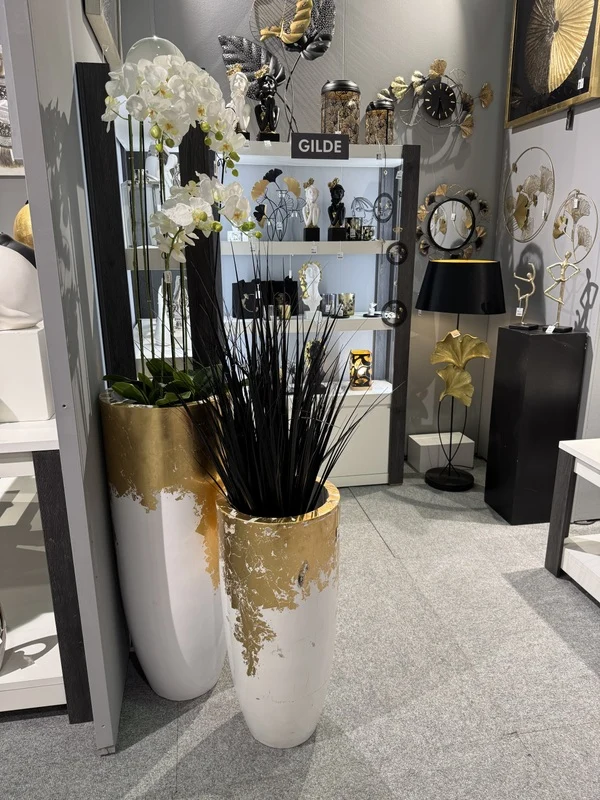 Vase weiß-Gold, Bodenvase Gold-weiß, Pflanzvase weiß-Gold, Höhe 100 cm