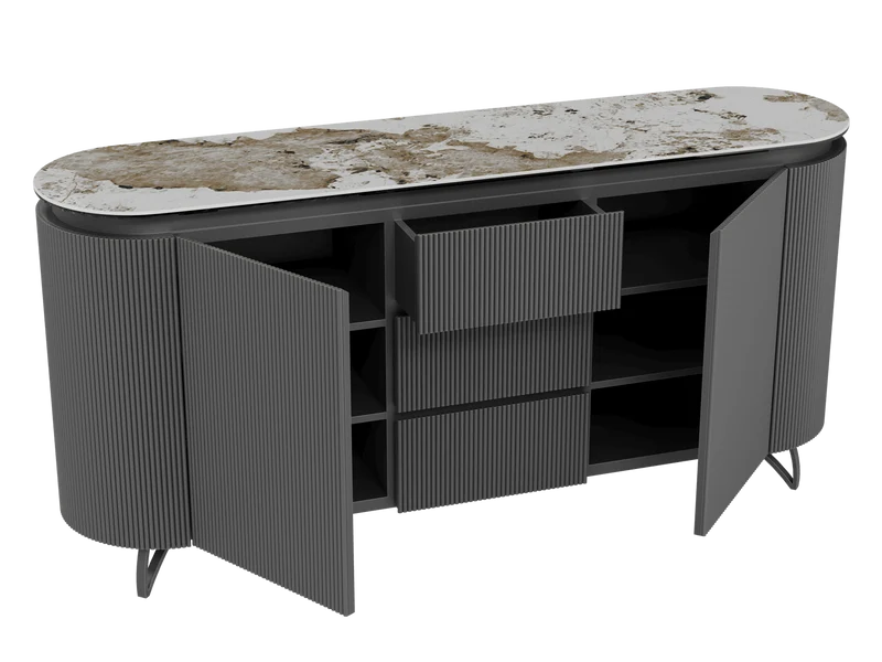 Sideboard Marmoroptik, Sideboard mit Schubladen Keramik, ovale Anrichte Keramik, Breite 170 cm