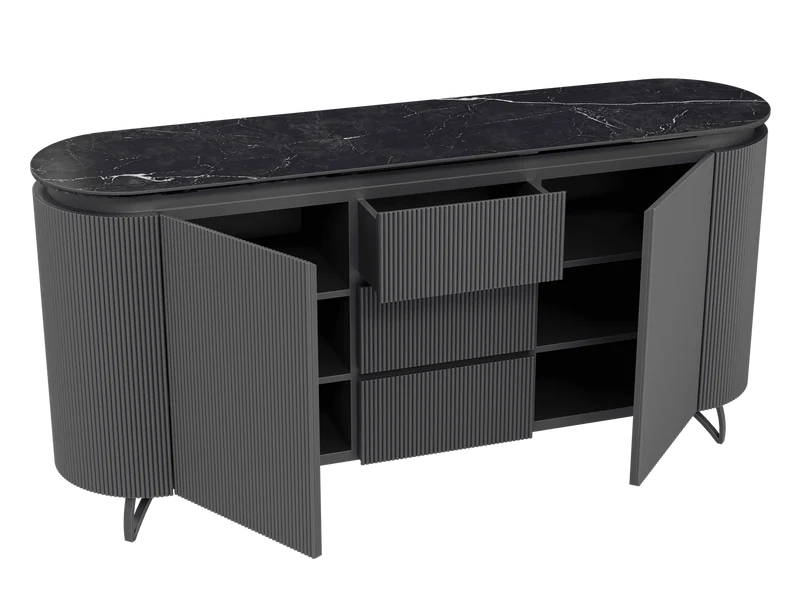 Sideboard anthrazit Marmoroptik, Sideboard mit Schubladen Keramik, ovale Anrichte Keramik, Breite 170 cm