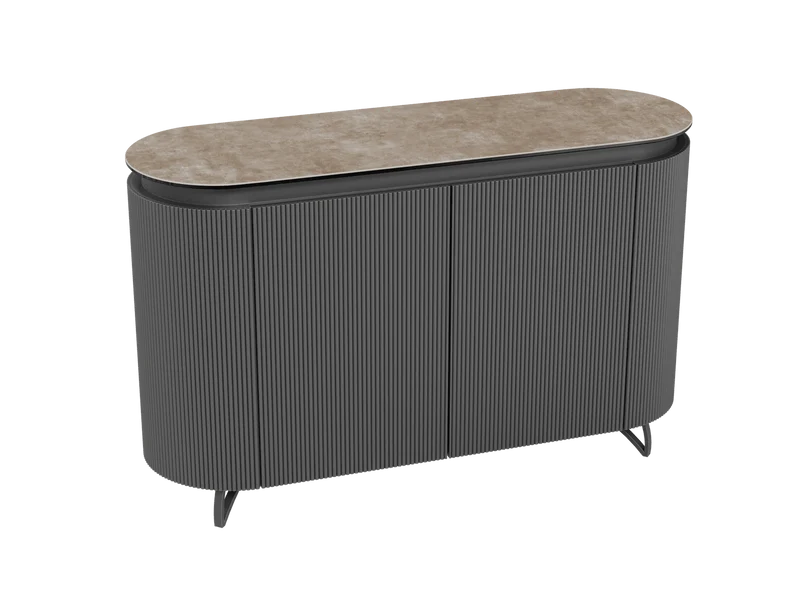 Sideboard taupe Marmoroptik, Sideboard mit Schubladen Keramik, ovale Anrichte Keramik, Breite 130 cm