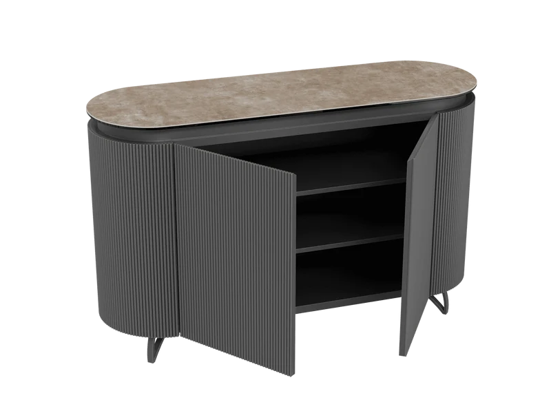 Sideboard taupe Marmoroptik, Sideboard mit Schubladen Keramik, ovale Anrichte Keramik, Breite 130 cm