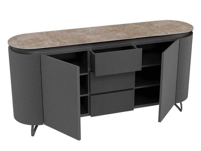 Sideboard taupe Marmoroptik, Sideboard mit Schubladen Keramik, ovale Anrichte Keramik, Breite 170 cm