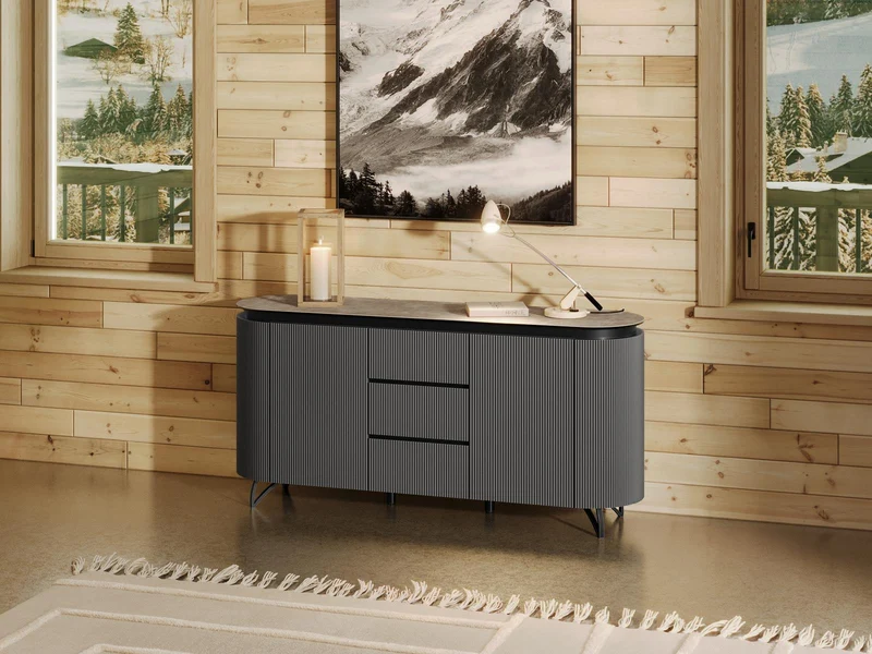 Sideboard taupe Marmoroptik, Sideboard mit Schubladen Keramik, ovale Anrichte Keramik, Breite 170 cm