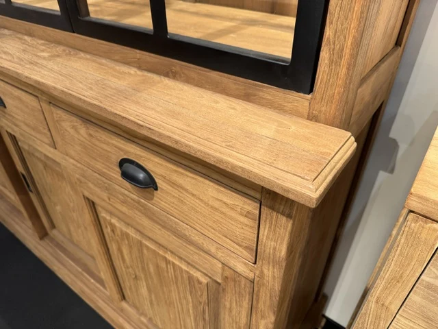 Vitrine Teak mit LED Beleuchtung, Geschirrschrank Teak, Schrank mit Beleuchtung Massivholz Teak, Breite 108 cm
