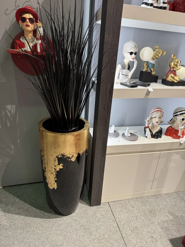 Vase Gold-schwarz, Bodenvase schwarz-Gold, Pflanzvase schwarz-Gold, Höhe 75 cm