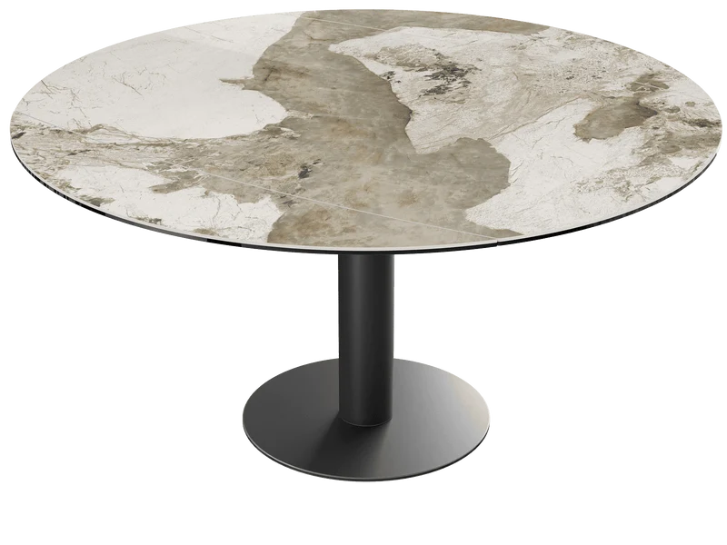 Ausziehtisch beige, Tisch Keramik-Tischplatte, runder Esstisch Keramikplatte, Esstisch taupe rund ausziehbar, Durchmesser 150 cm