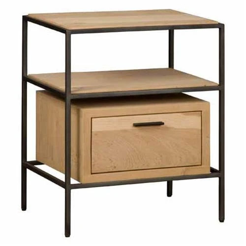 Nachttisch Naturholz-Metall, Nachtkommode mit Schublade Holz, Höhe 70 cm