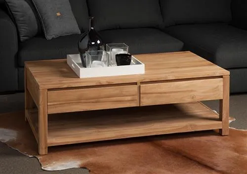 Couchtisch Teakholz braun, Kaffeetisch Massivholz mit Schublade Naturholz-braun, Länge 130 cm