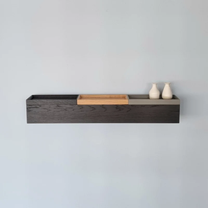 schmale Wandkonsole massive Eiche schwarz 72cm drei Tabletts grau, natur, schwarz