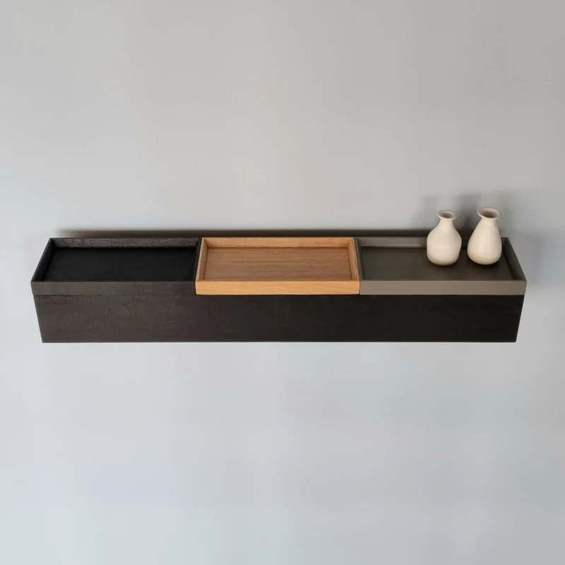 schmale Wandkonsole massive Eiche schwarz 72cm drei Tabletts grau, natur, schwarz