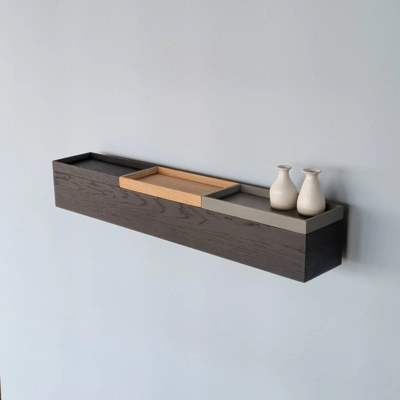 schmale Wandkonsole massive Eiche schwarz 72cm drei Tabletts grau, natur, schwarz