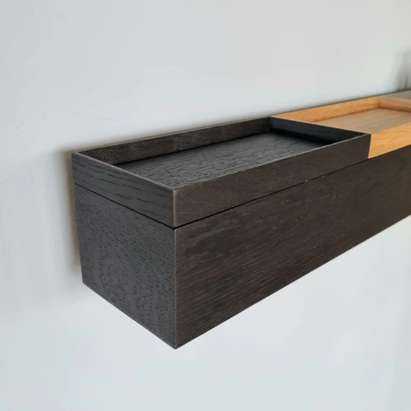 schmale Wandkonsole massive Eiche schwarz 72cm drei Tabletts grau, natur, schwarz