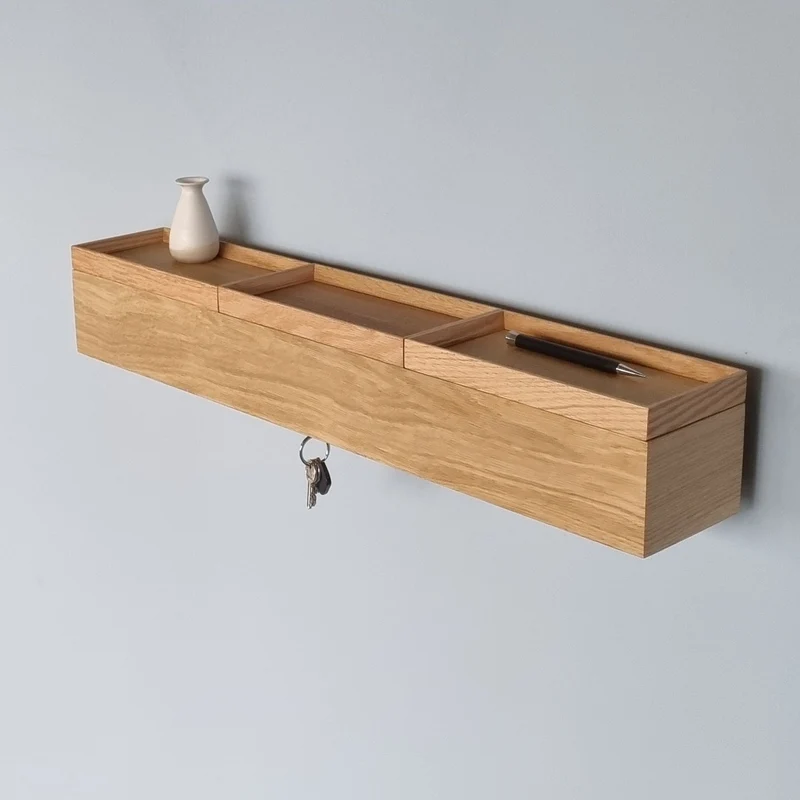 schmale Wandkonsole massive Eiche natur 72cm drei Tabletts