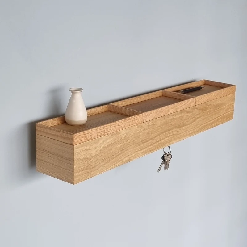 schmale Wandkonsole massive Eiche natur 72cm drei Tabletts