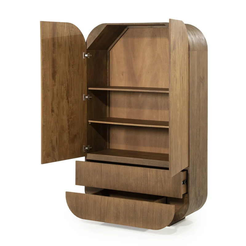 Highboard oval Holz furniert, Schrank mit 2 Schubladen Naturholz-braun, Wohnzimmerschrank oval Holz, Höhe 180 cm