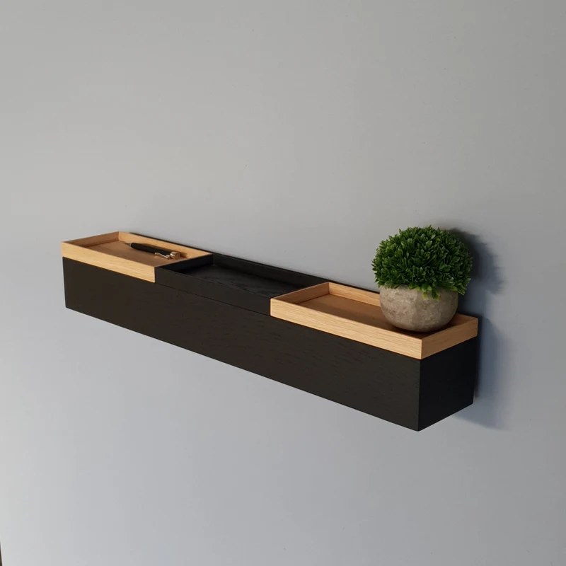 schmale Wandkonsole massive Eiche schwarz 72cm drei Tabletts