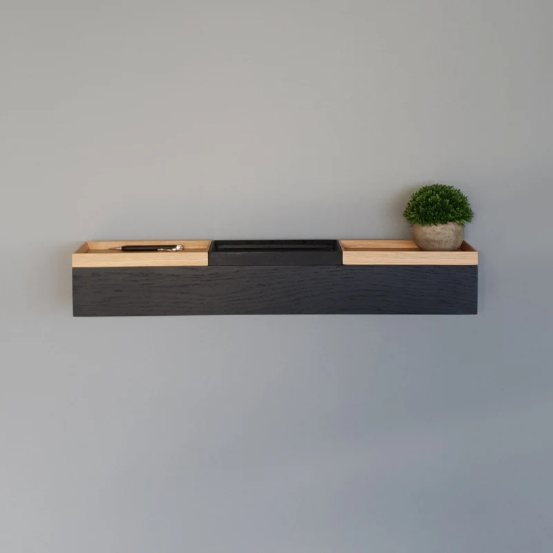 schmale Wandkonsole massive Eiche schwarz 72cm drei Tabletts