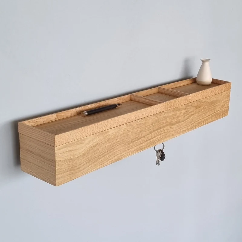 schmale Wandkonsole massive Eiche natur 72cm drei Tabletts