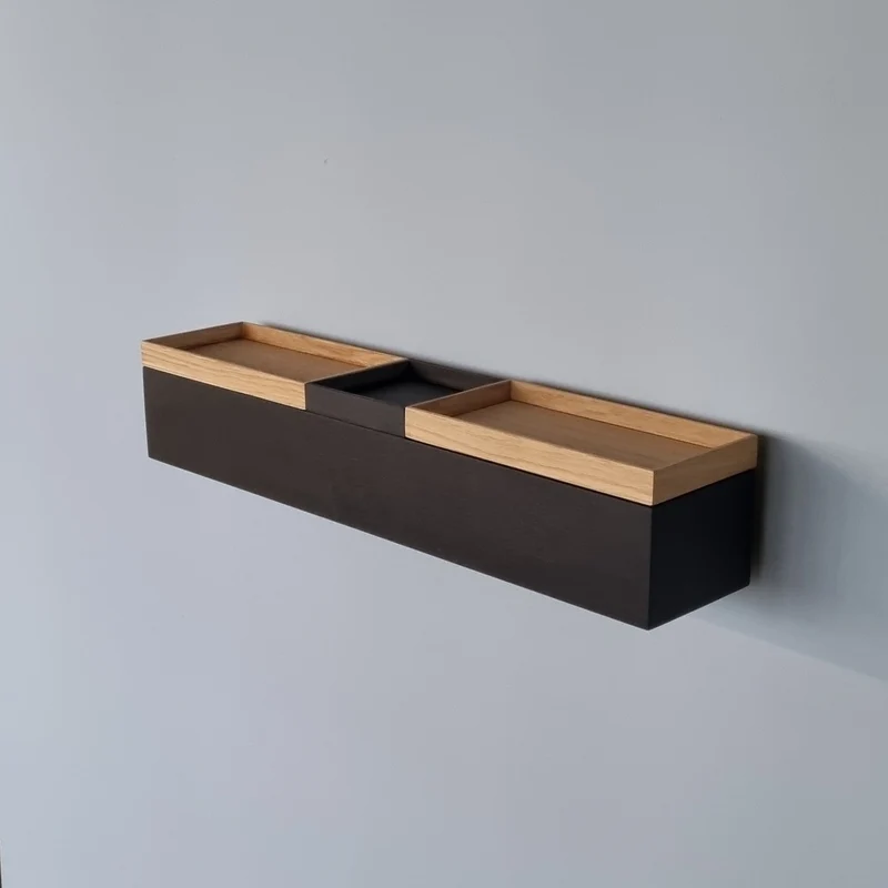 schmale Wandkonsole massive Eiche schwarz 60cm drei Tabletts
