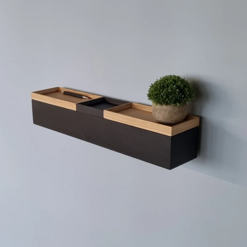 schmale Wandkonsole massive Eiche schwarz 60cm drei Tabletts
