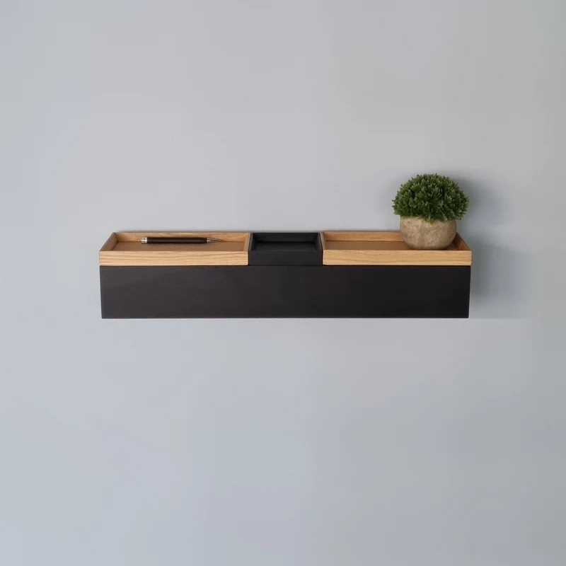 schmale Wandkonsole massive Eiche schwarz 60cm drei Tabletts