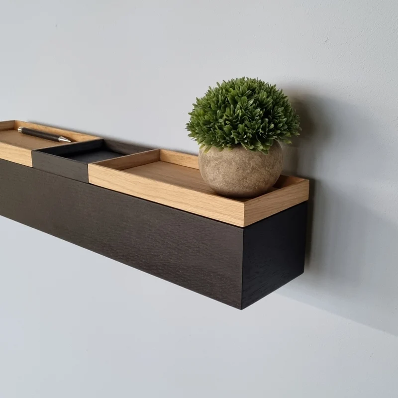 schmale Wandkonsole massive Eiche schwarz 60cm drei Tabletts