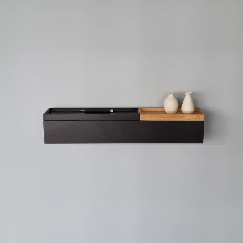 schmale Wandkonsole massive Eiche schwarz 60cm zwei Tabletts