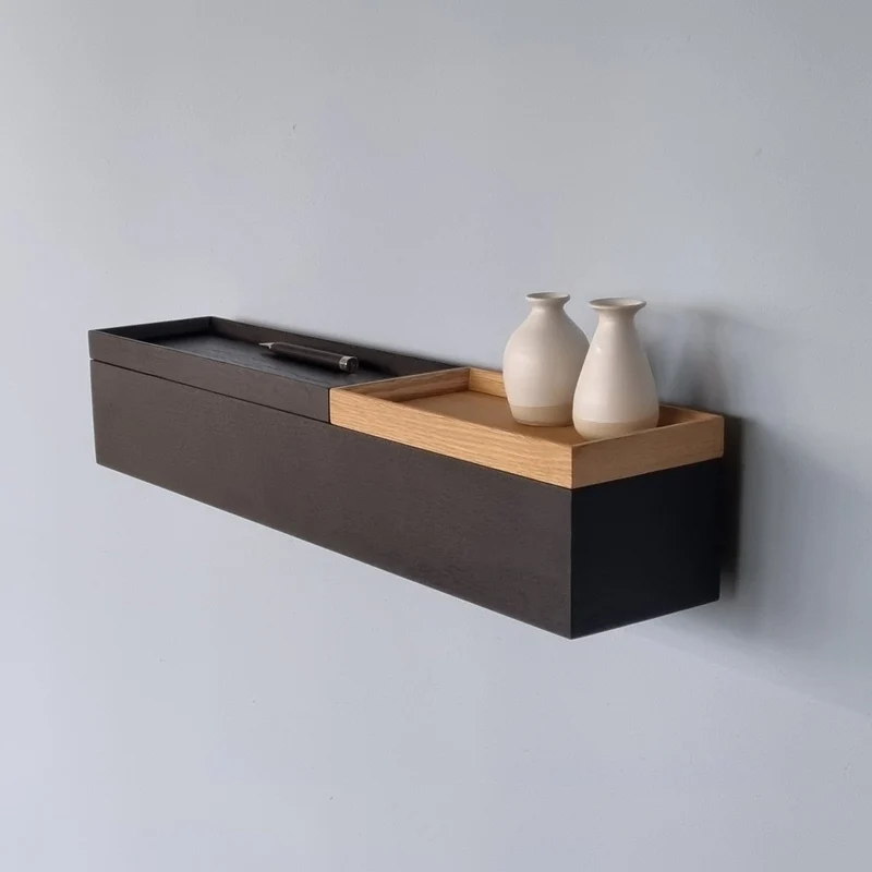 schmale Wandkonsole massive Eiche schwarz 60cm zwei Tabletts