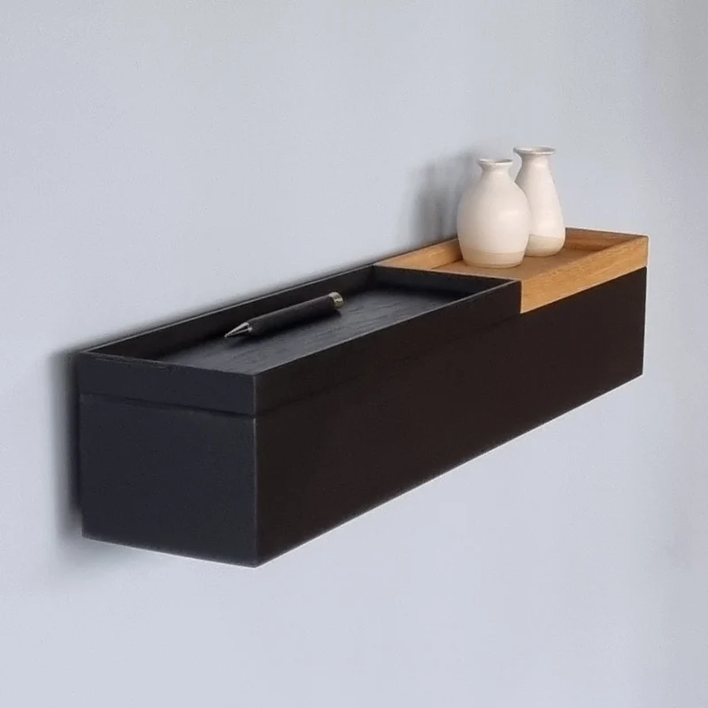 schmale Wandkonsole massive Eiche schwarz 60cm zwei Tabletts