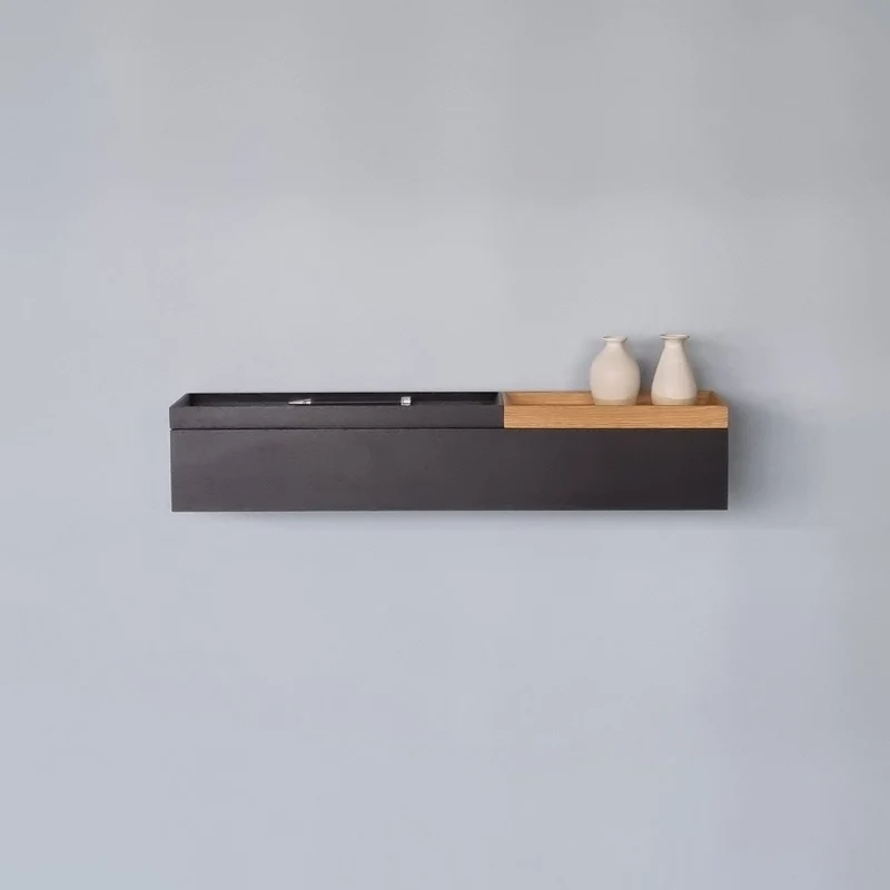schmale Wandkonsole massive Eiche schwarz 60cm zwei Tabletts