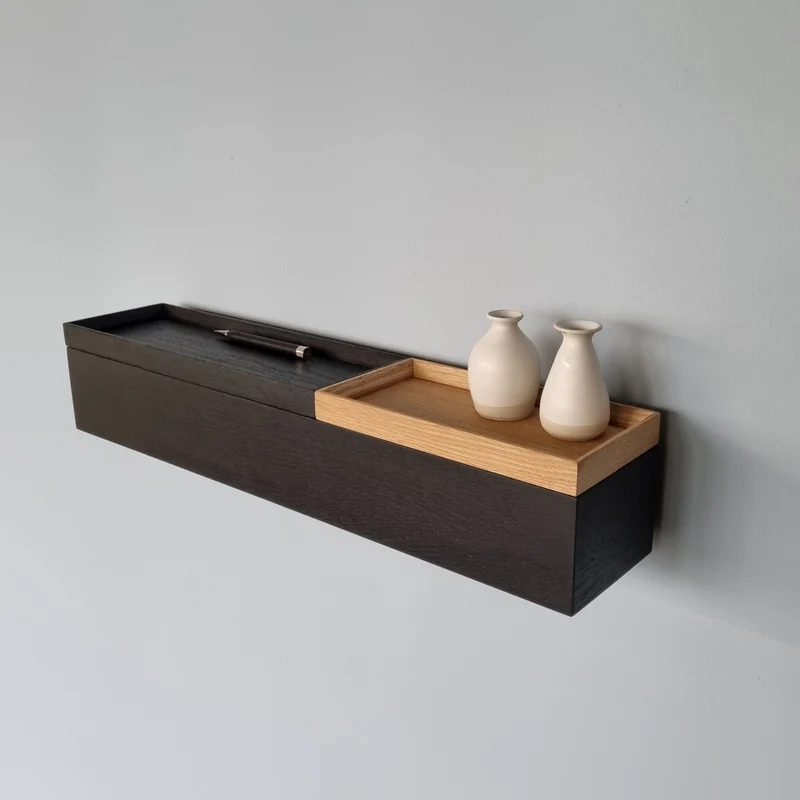 schmale Wandkonsole massive Eiche schwarz 60cm zwei Tabletts