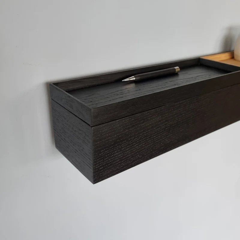 schmale Wandkonsole massive Eiche schwarz 60cm zwei Tabletts