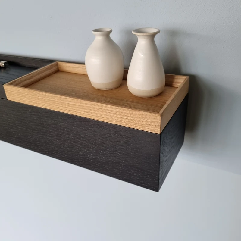 schmale Wandkonsole massive Eiche schwarz 60cm zwei Tabletts