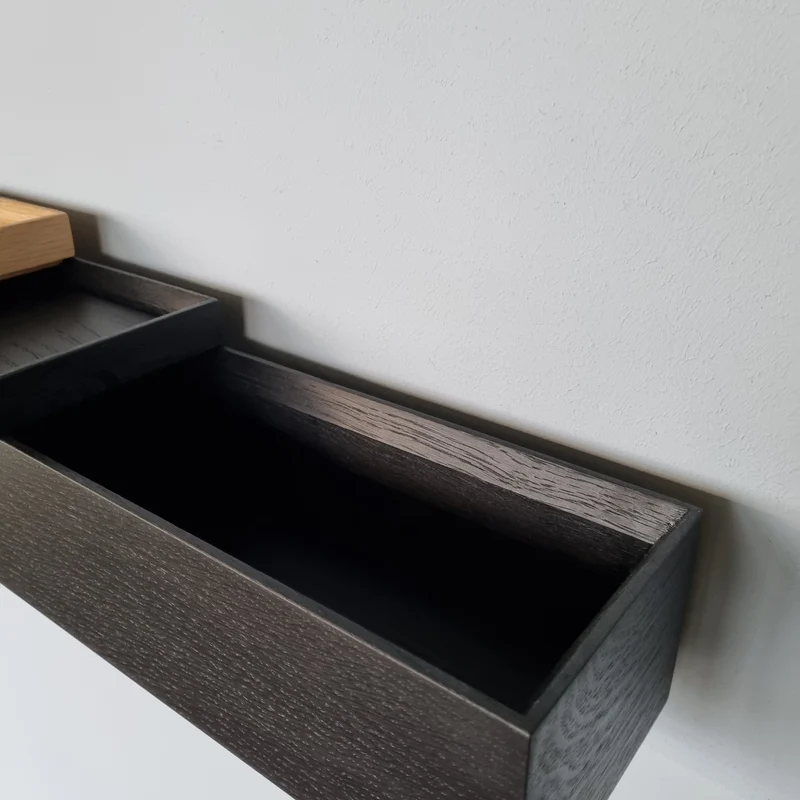 schmale Wandkonsole massive Eiche schwarz 60cm zwei Tabletts
