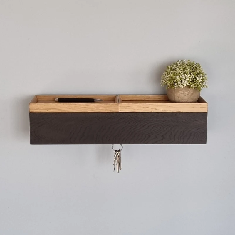 schmale Wandkonsole massive Eiche schwarz 48cm zwei Tabletts