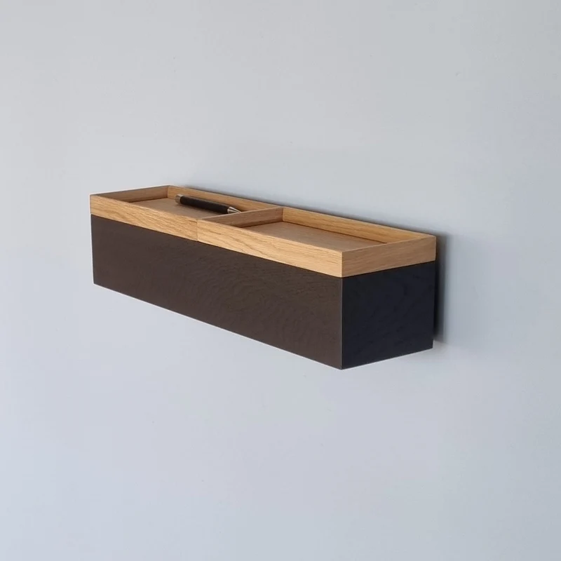schmale Wandkonsole massive Eiche schwarz 48cm zwei Tabletts