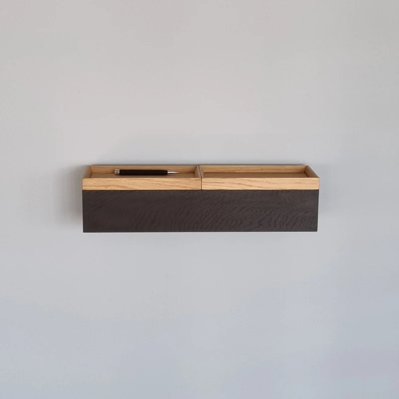 schmale Wandkonsole massive Eiche schwarz 48cm zwei Tabletts