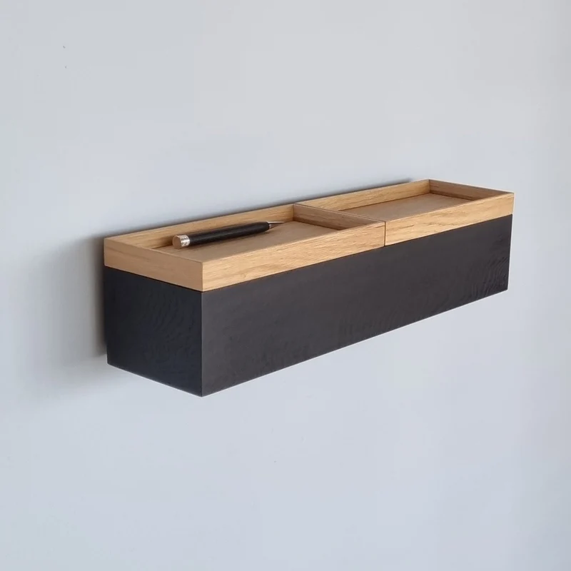 schmale Wandkonsole massive Eiche schwarz 48cm zwei Tabletts