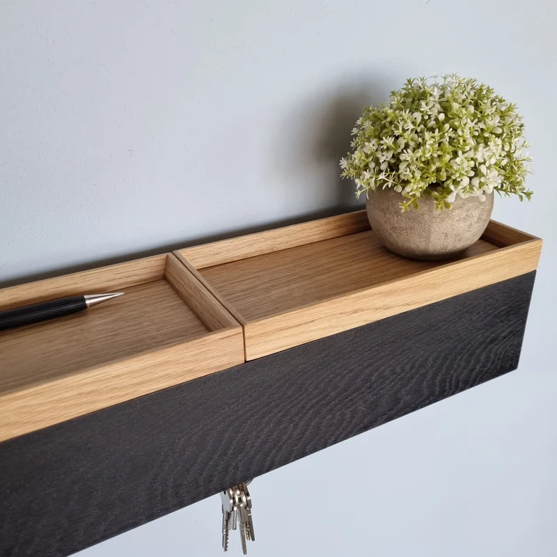 schmale Wandkonsole massive Eiche schwarz 48cm zwei Tabletts