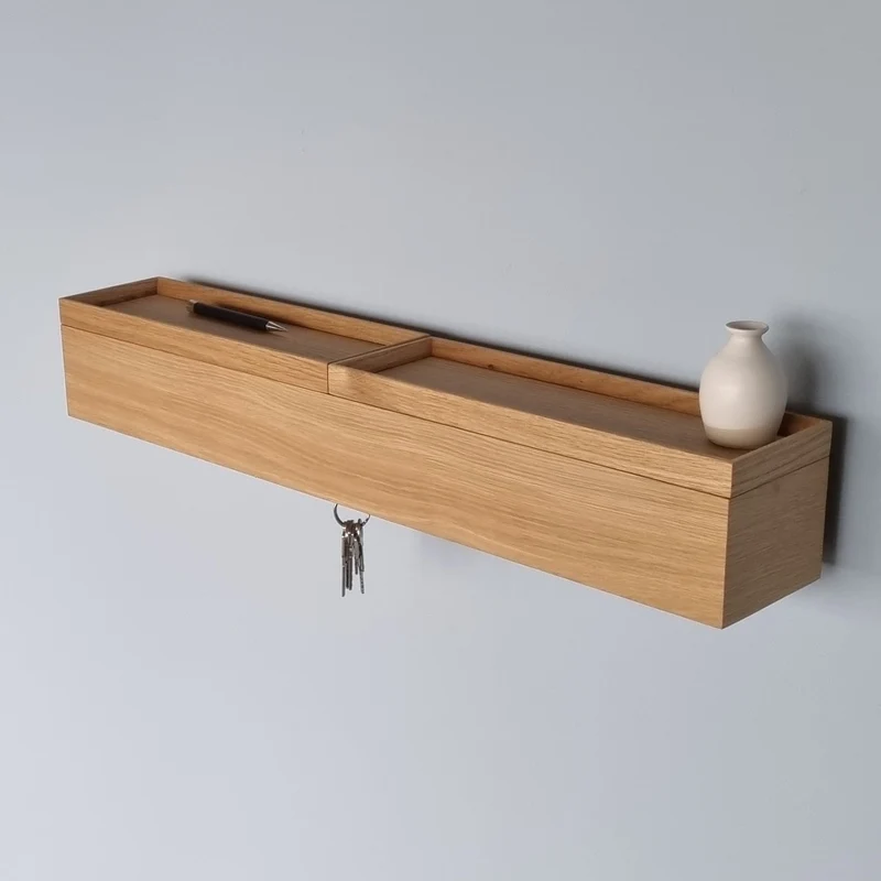 schmale Wandkonsole massive Eiche natur 72cm zwei Tabletts