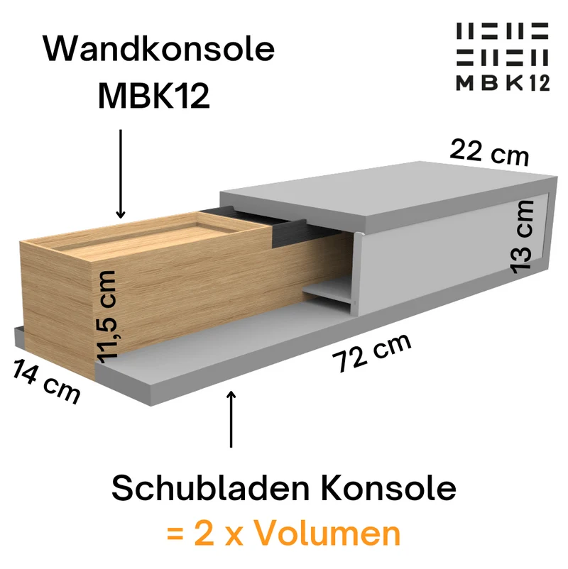 schmale Wandkonsole massive Eiche natur 72cm drei Tabletts