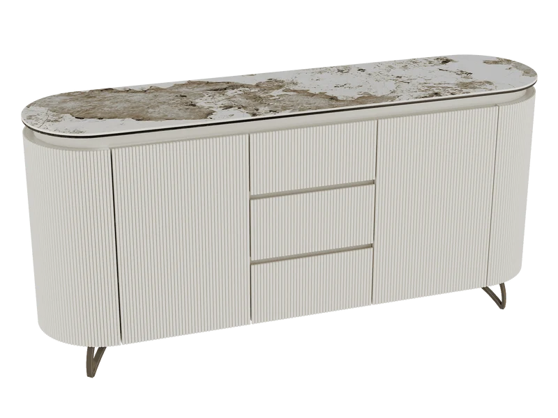Sideboard Elfenbein-weiß Marmoroptik, Sideboard mit Schubladen Keramikplatte, ovale Anrichte weiß-Elfenbein Keramik, Breite 170 cm