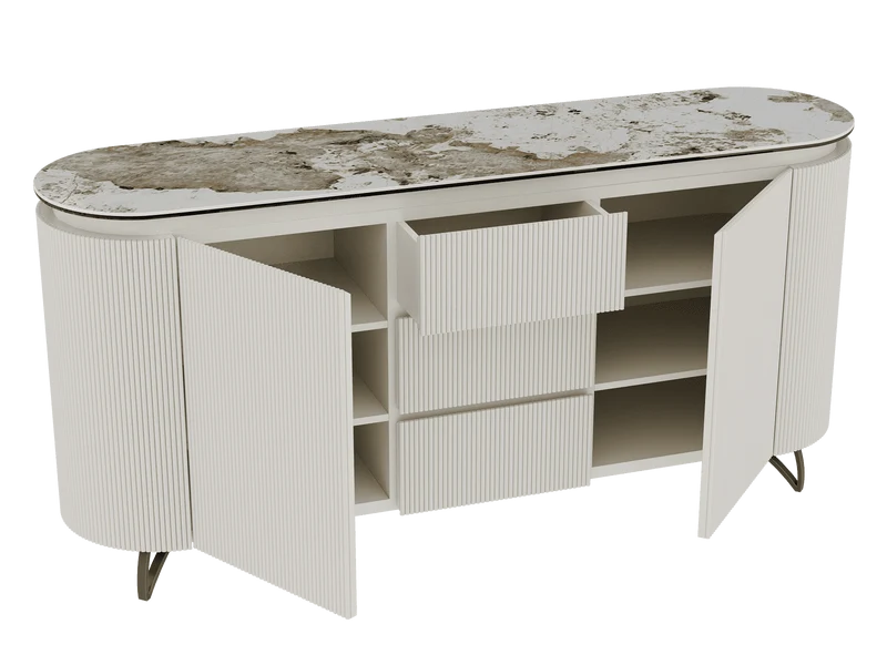 Sideboard Elfenbein-weiß Marmoroptik, Sideboard mit Schubladen Keramikplatte, ovale Anrichte weiß-Elfenbein Keramik, Breite 170 cm