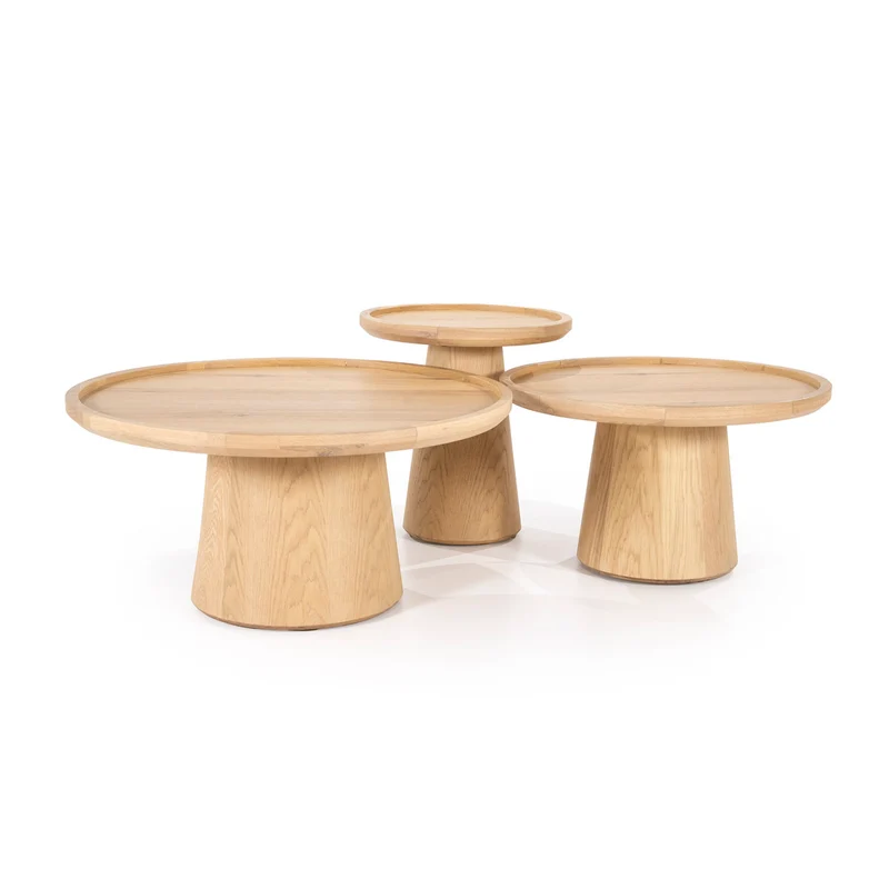 3er Set Couchtische Eiche furniert, runder Couchtisch Farbe Natur-Eiche, Durchmesser 46-66-80 cm