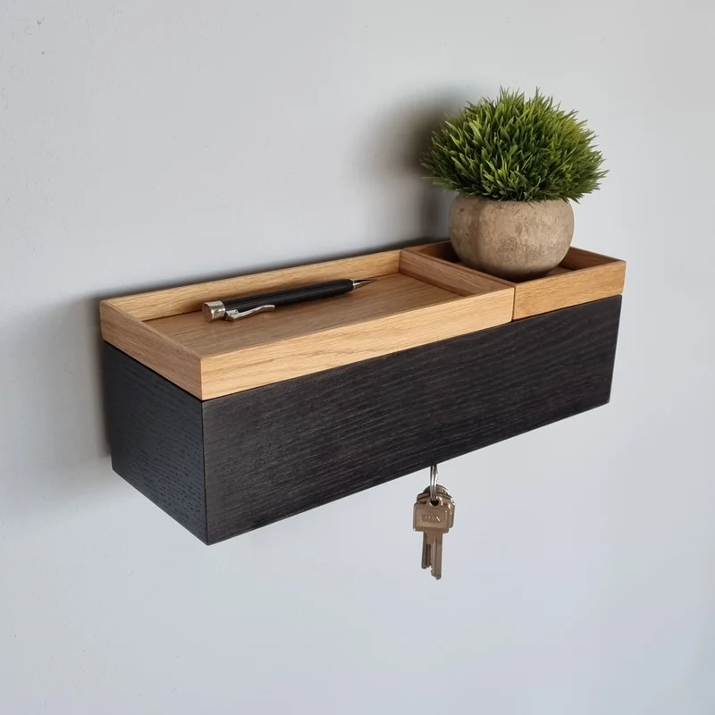 schmale Wandkonsole massive Eiche schwarz 36cm zwei Tabletts