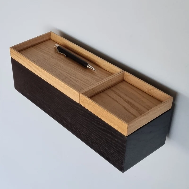 schmale Wandkonsole massive Eiche schwarz 36cm zwei Tabletts