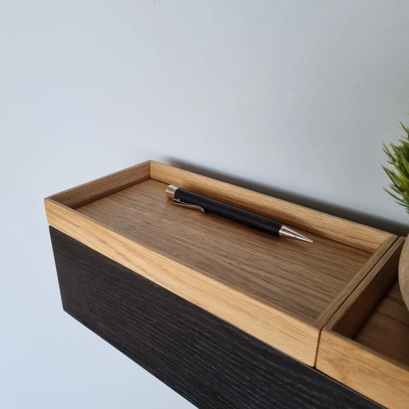 schmale Wandkonsole massive Eiche schwarz 36cm zwei Tabletts