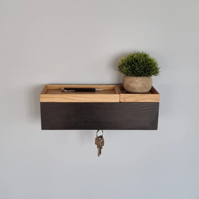 schmale Wandkonsole massive Eiche schwarz 36cm zwei Tabletts