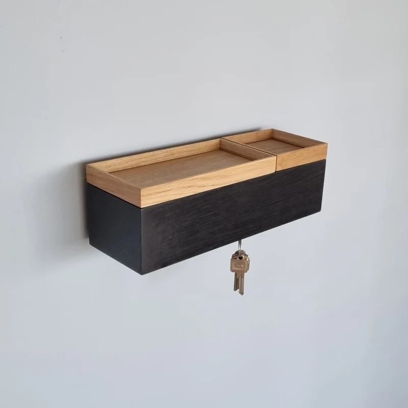schmale Wandkonsole massive Eiche schwarz 36cm zwei Tabletts