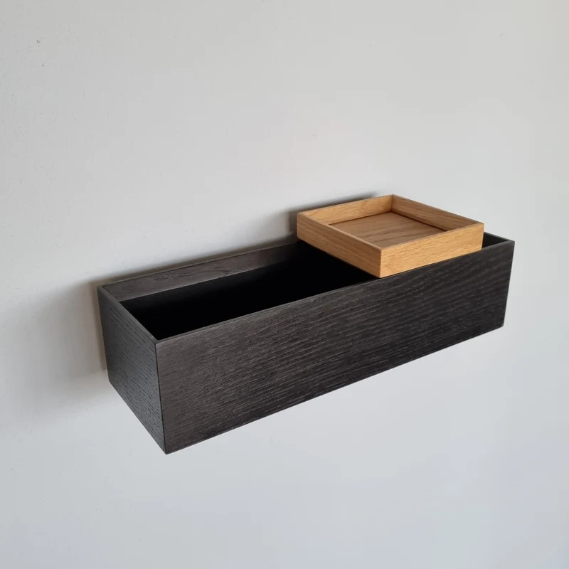 schmale Wandkonsole massive Eiche schwarz 36cm zwei Tabletts